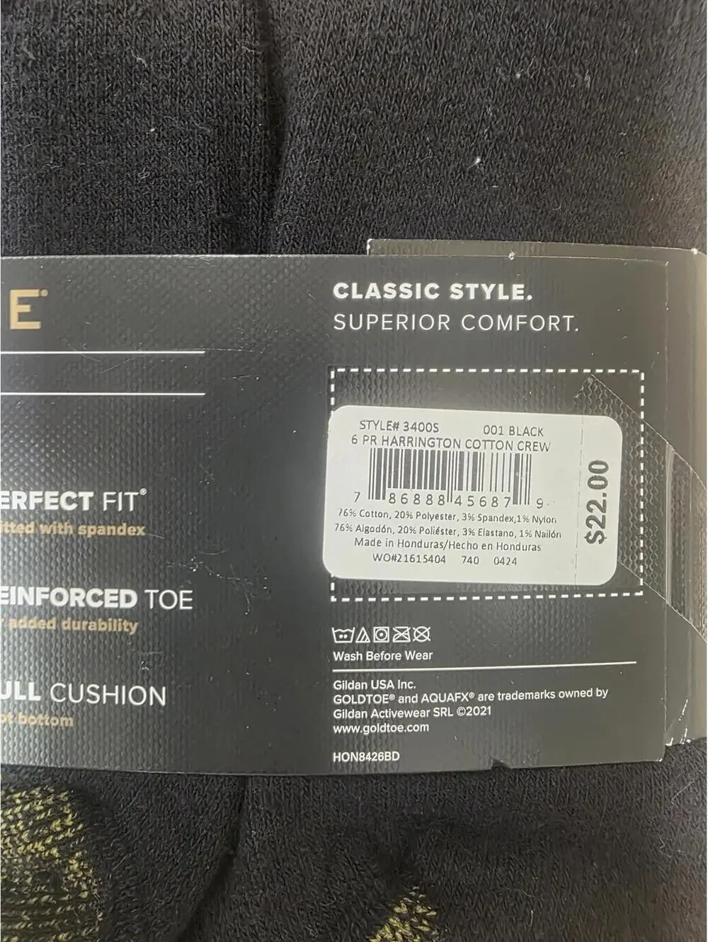 GOLDTOE MEN’S HARRINGTON CREW SOCKS BLACK LARGE 6‑PAIRS